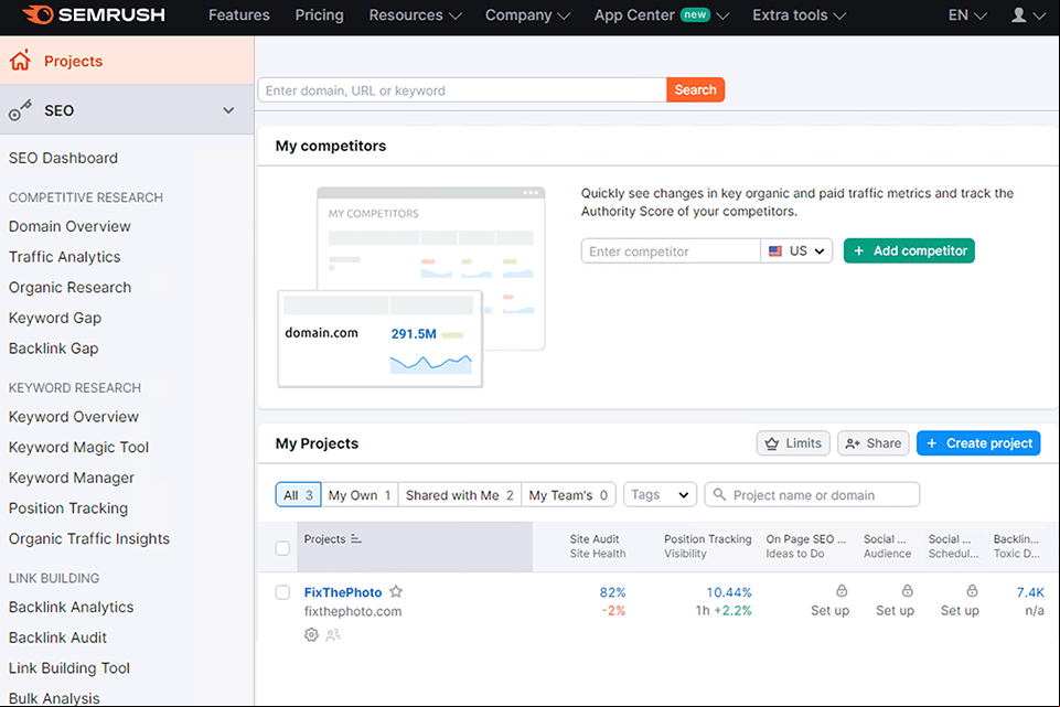semrush interface